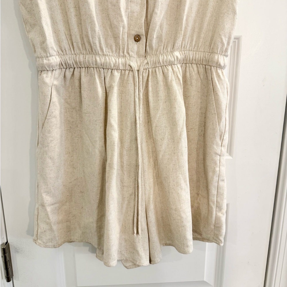 Beige Linen Blend Short Sleeve Romper with Button Front Drawstring Waist Size L - Picture 3 of 9